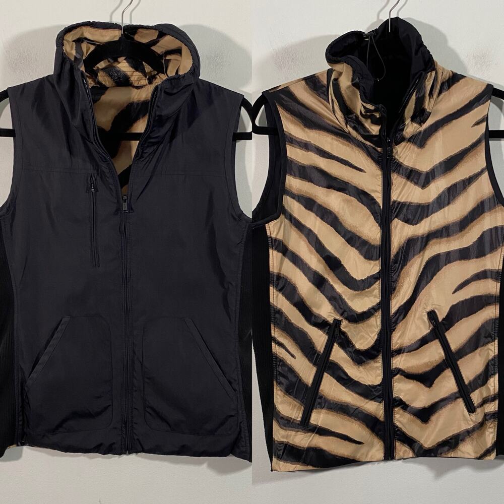 Lauren Ralph Lauren Women Black & Animal Print Reversible Nylon Vest Size M